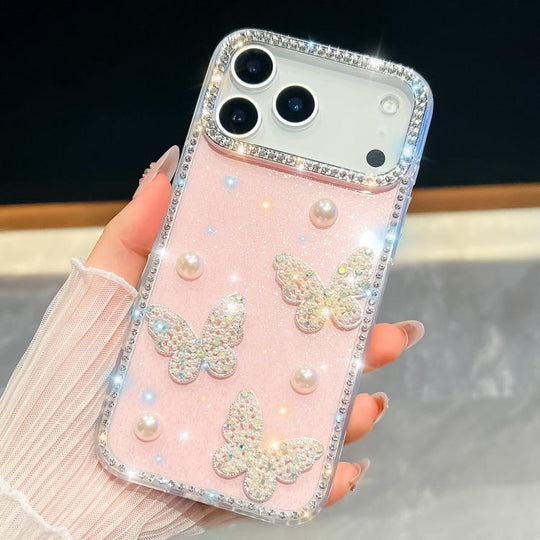 For iPhone 18 Pro / 17 Pro Diamond Glitter Pearl Butterfly Four-Corner Shockproof Phone Case(Light Pink)