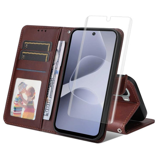 For Infinix Hot 60 Pro+ ENKAY Card Wallet Calf Texture Leather Phone Case with Full Glue Coverage Soft Hydrogel Film(Brown)