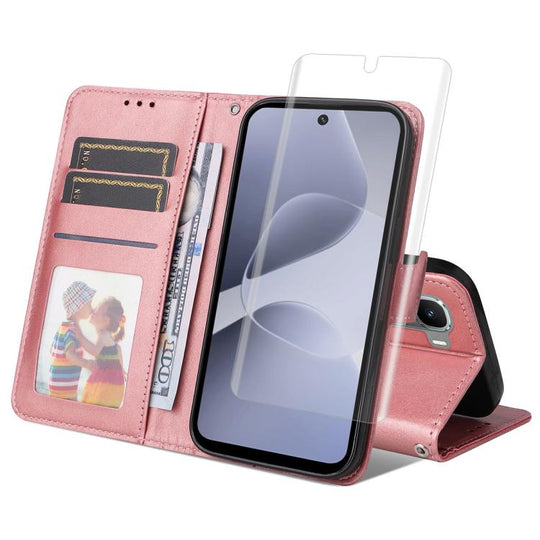 For Infinix Hot 60 Pro ENKAY Card Wallet Calf Texture Leather Phone Case with Full Glue Coverage Soft Hydrogel Film(Pink)
