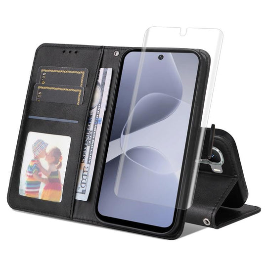 For Infinix Hot 60 Pro ENKAY Card Wallet Calf Texture Leather Phone Case with Full Glue Coverage Soft Hydrogel Film(Black)
