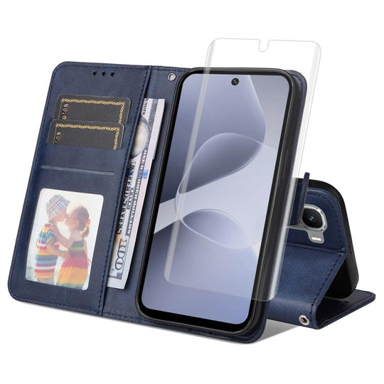 For Infinix Hot 60 Pro ENKAY Card Wallet Calf Texture Leather Phone Case with Full Glue Coverage Soft Hydrogel Film(Blue)