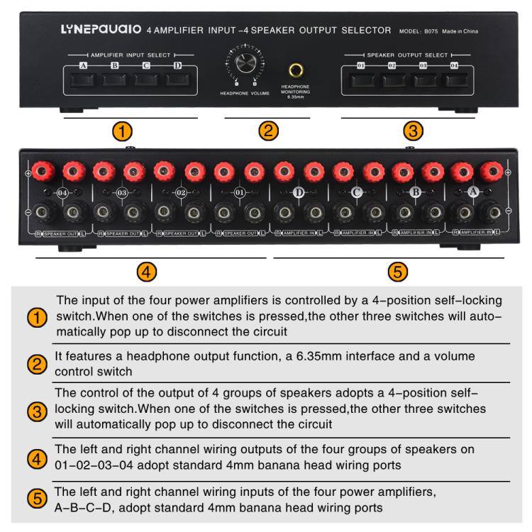 B075 4 Input 4 Ooutput Power Amplifier Speaker Selector Switcher,  300W Sound Quality Per Channel No Loss -  by buy2fix | Online Shopping UK | buy2fix