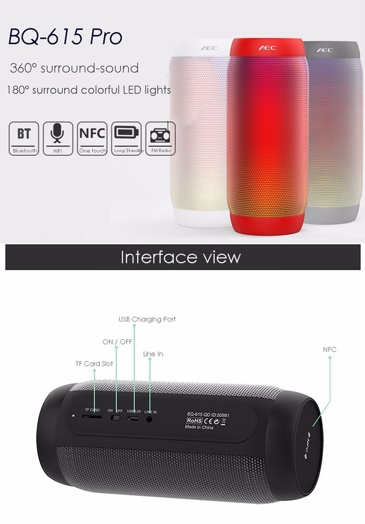 AEC BQ615 PRO Colorful LED Wireless HiFi Stereo Speaker, Combines Bluetooth + TF card player + FM radio + AUX + NFC - Desktop Speaker by AEC | Online Shopping UK | buy2fix