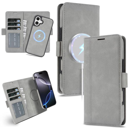For iPhone 16 Plus Kalebol Strong Magnetic MagSafe Ring 2 In 1 Split Leather Phone Case(Gray)