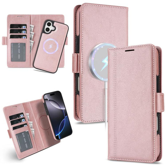 For iPhone 16 Plus Kalebol Strong Magnetic MagSafe Ring 2 In 1 Split Leather Phone Case(Rose Gold)