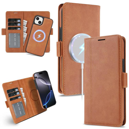 For iPhone 15 Plus Kalebol Strong Magnetic MagSafe Ring 2 In 1 Split Leather Phone Case(Brown)