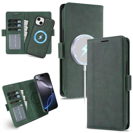 For iPhone 14 Plus Kalebol Strong Magnetic MagSafe Ring 2 In 1 Split Leather Phone Case(Green)