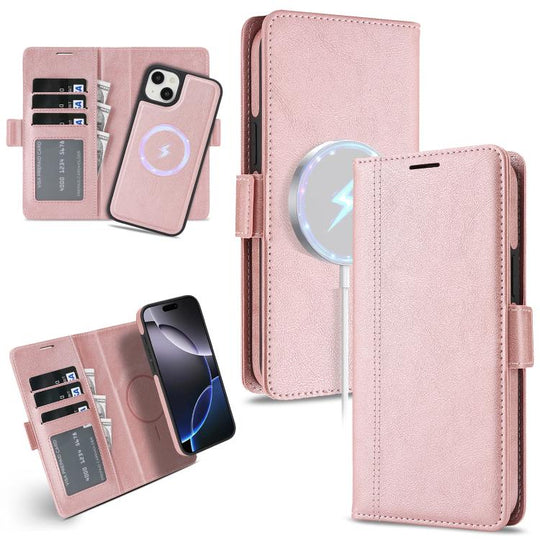 For iPhone 14 Kalebol Strong Magnetic MagSafe Ring 2 In 1 Split Leather Phone Case(Rose Gold)