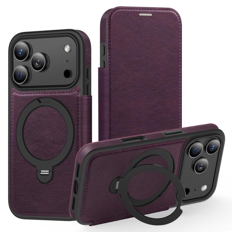 For iPhone 17 Pro Knight Shield 360 Rotation Holder MagSafe RFID Leather Phone Case(Purple) - iPhone 17 Pro Cases by buy2fix | Online Shopping UK | buy2fix