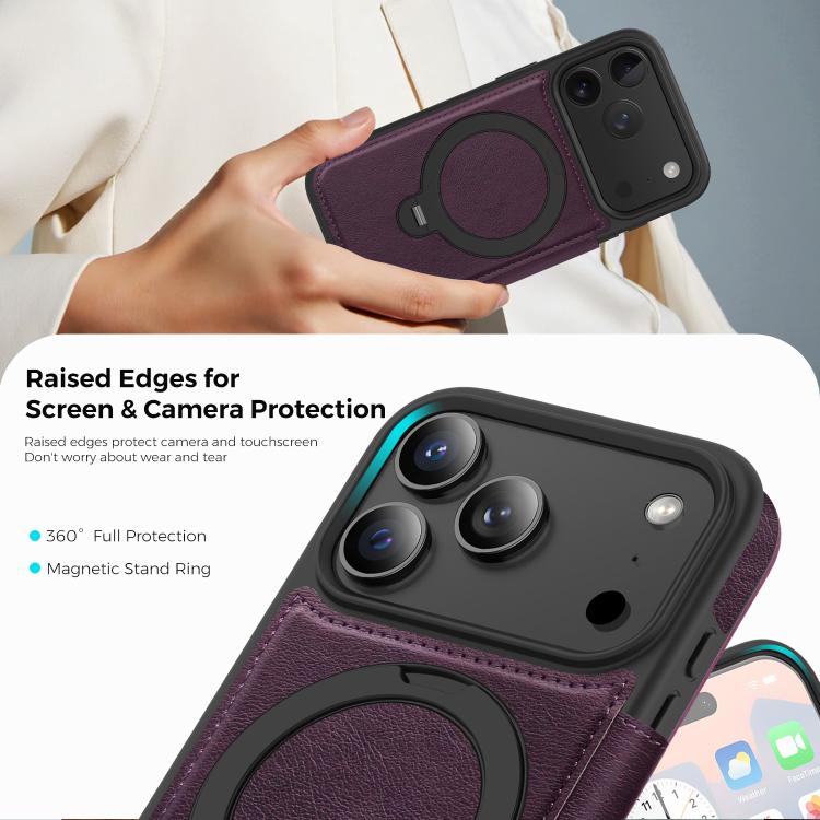 For iPhone 17 Pro Knight Shield 360 Rotation Holder MagSafe RFID Leather Phone Case(Purple) - iPhone 17 Pro Cases by buy2fix | Online Shopping UK | buy2fix