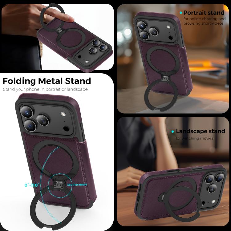For iPhone 17 Pro Knight Shield 360 Rotation Holder MagSafe RFID Leather Phone Case(Purple) - iPhone 17 Pro Cases by buy2fix | Online Shopping UK | buy2fix