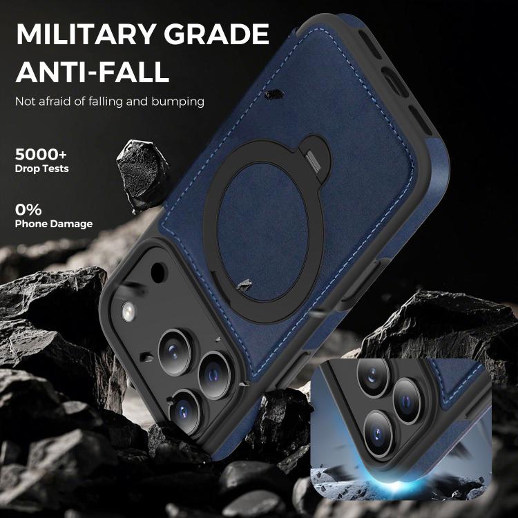 For iPhone 17 Pro Knight Shield 360 Rotation Holder MagSafe RFID Leather Phone Case(Blue) - iPhone 17 Pro Cases by buy2fix | Online Shopping UK | buy2fix