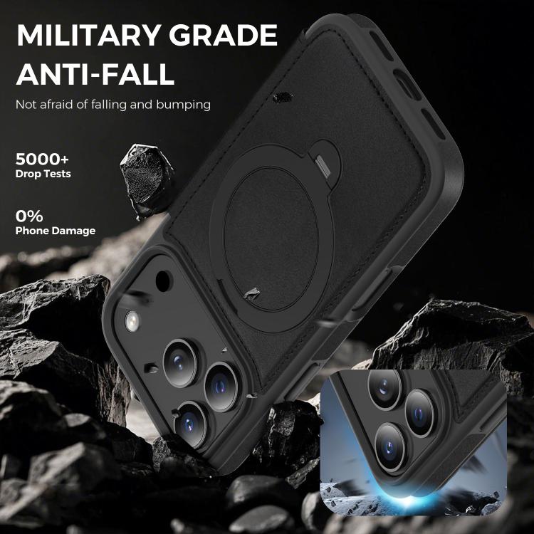 For iPhone 17 Pro Knight Shield 360 Rotation Holder MagSafe RFID Leather Phone Case(Black) - iPhone 17 Pro Cases by buy2fix | Online Shopping UK | buy2fix