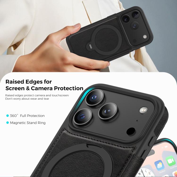 For iPhone 17 Pro Knight Shield 360 Rotation Holder MagSafe RFID Leather Phone Case(Black) - iPhone 17 Pro Cases by buy2fix | Online Shopping UK | buy2fix