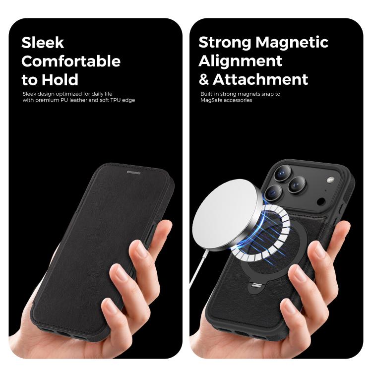 For iPhone 17 Pro Knight Shield 360 Rotation Holder MagSafe RFID Leather Phone Case(Black) - iPhone 17 Pro Cases by buy2fix | Online Shopping UK | buy2fix