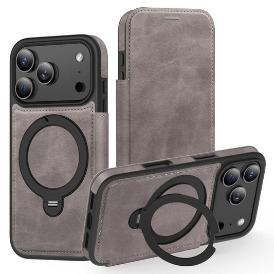 For iPhone 17 Pro Knight Shield 360 Rotation Holder MagSafe RFID Leather Phone Case(Grey) - iPhone 17 Pro Cases by buy2fix | Online Shopping UK | buy2fix