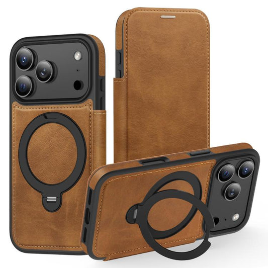 For iPhone 17 Pro Knight Shield 360 Rotation Holder MagSafe RFID Leather Phone Case(Brown) - iPhone 17 Pro Cases by buy2fix | Online Shopping UK | buy2fix