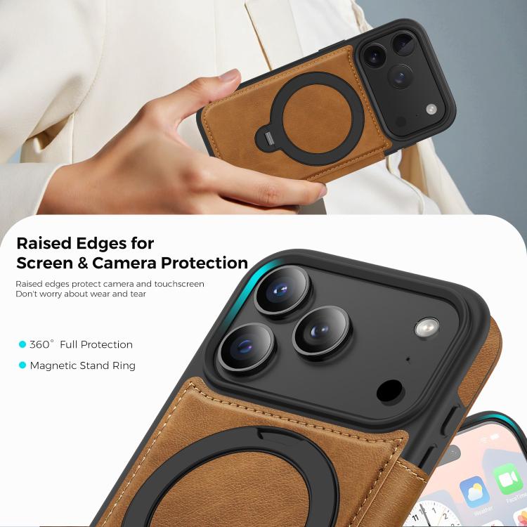 For iPhone 17 Pro Knight Shield 360 Rotation Holder MagSafe RFID Leather Phone Case(Brown) - iPhone 17 Pro Cases by buy2fix | Online Shopping UK | buy2fix