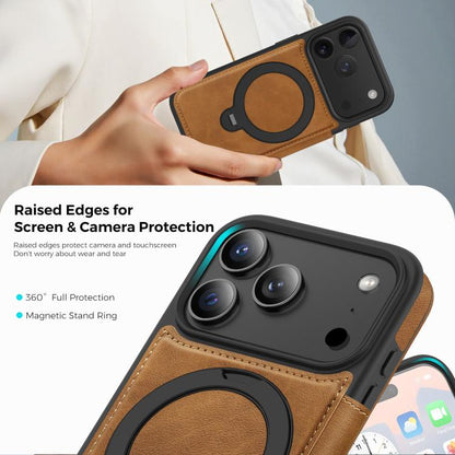 For iPhone 17 Pro Knight Shield 360 Rotation Holder MagSafe RFID Leather Phone Case(Brown) - iPhone 17 Pro Cases by buy2fix | Online Shopping UK | buy2fix