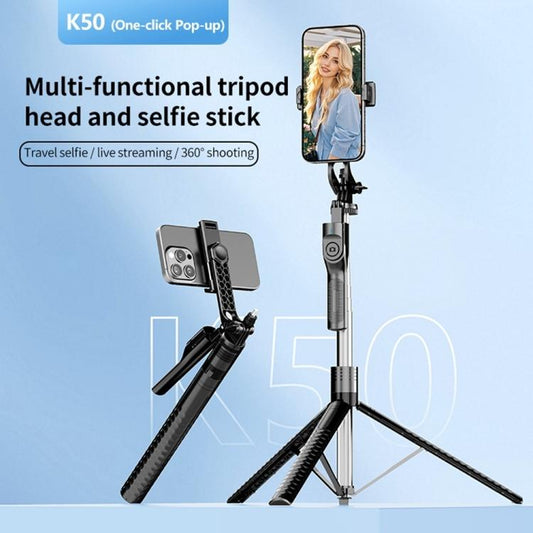 K50 1.9m Extendable Live Streaming Floor Stand Single Phone Clip Bluetooth Selfie Stick Tripod(Pink) - Selfie Sticks by buy2fix | Online Shopping UK | buy2fix