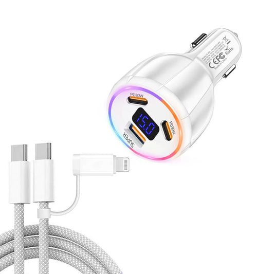 TE-S02 Display Screen PD30W x 2 + QC 30W Car Charger with Type-C to Type-C / 8-pin Data Cable(White) - Car Charger by buy2fix | Online Shopping UK | buy2fix