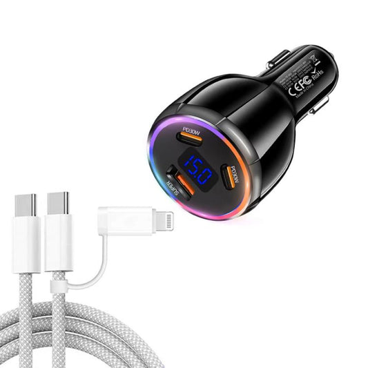 TE-S02 Display Screen PD30W x 2 + QC 30W Car Charger with Type-C to Type-C / 8-pin Data Cable(Black) - Car Charger by buy2fix | Online Shopping UK | buy2fix