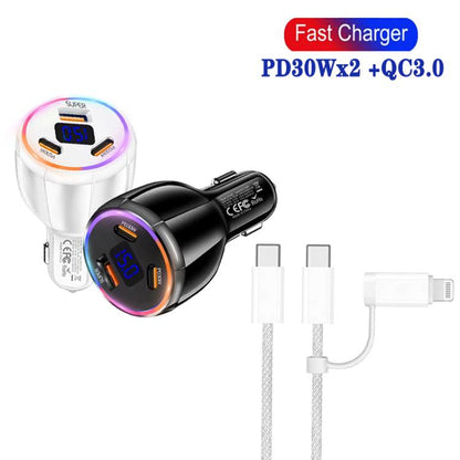 TE-S02 Display Screen PD30W x 2 + QC 30W Car Charger with Type-C to Type-C / 8-pin Data Cable(Black) - Car Charger by buy2fix | Online Shopping UK | buy2fix