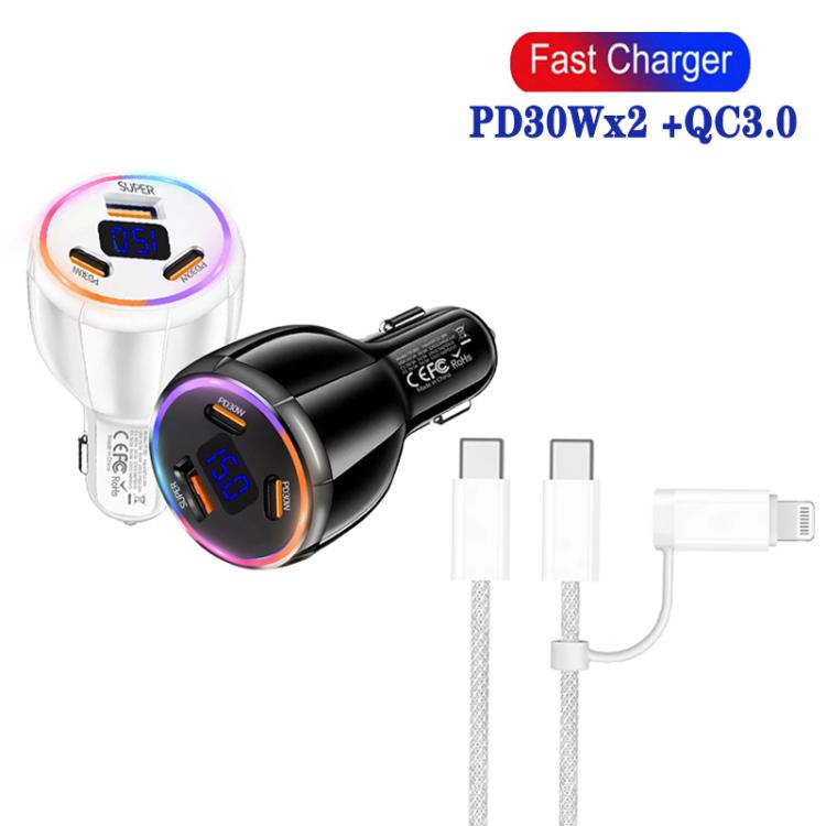 TE-S02 Display Screen PD30W x 2 + QC 30W Car Charger with Type-C to Type-C / 8-pin Data Cable(White) - Car Charger by buy2fix | Online Shopping UK | buy2fix