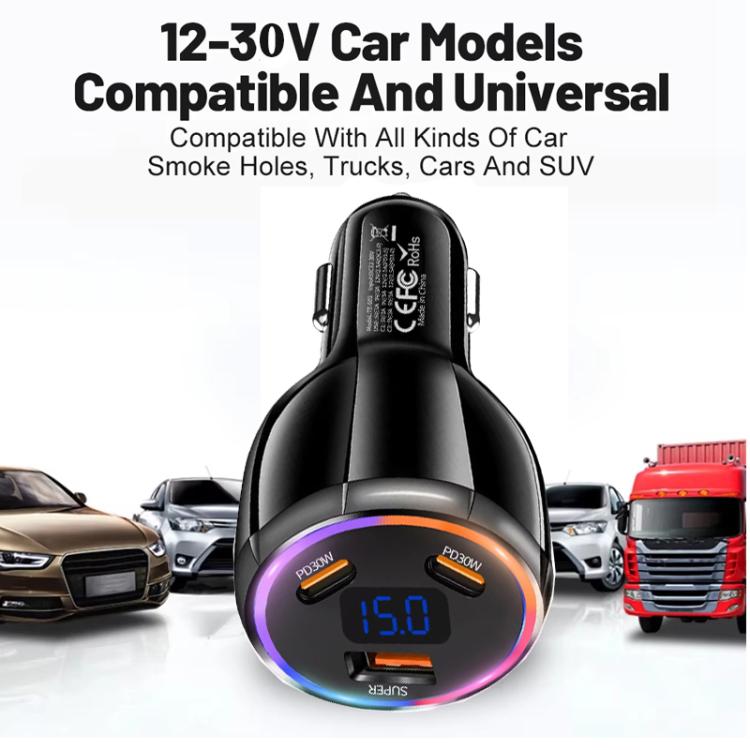 TE-S02 Display Screen PD30W x 2 + QC 30W Car Charger with Type-C to Type-C / 8-pin Data Cable(Black) - Car Charger by buy2fix | Online Shopping UK | buy2fix