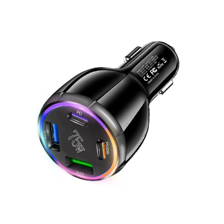 75W USB-C x 2 and USB x 2 Multi Port Car Charger(Black) - Car Charger by buy2fix | Online Shopping UK | buy2fix