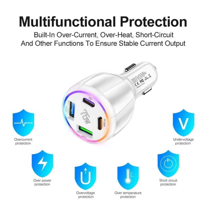 75W USB-C x 2 and USB x 2 Multi Port Car Charger(White) - Car Charger by buy2fix | Online Shopping UK | buy2fix