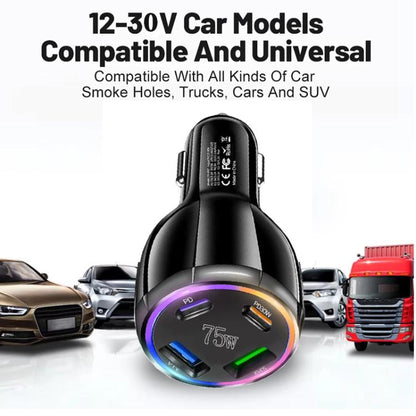 75W USB-C x 2 and USB x 2 Multi Port Car Charger(Black) - Car Charger by buy2fix | Online Shopping UK | buy2fix
