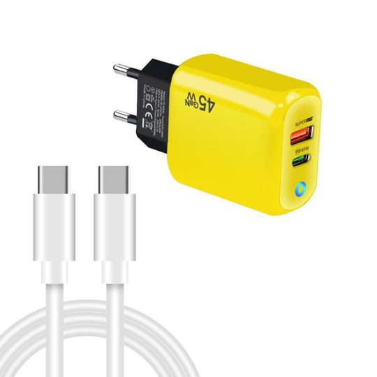 TE-PD45 GaN 45W PD3.0 / Type-C + USB 3.0 Charger with Type-C to Type-C Data Cable, EU  Plug(Yellow)