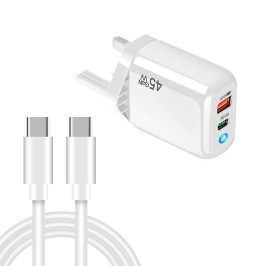 TE-PD45 GaN 45W PD3.0 / Type-C + USB 3.0 Charger with Type-C to Type-C Data Cable, UK  Plug(White)