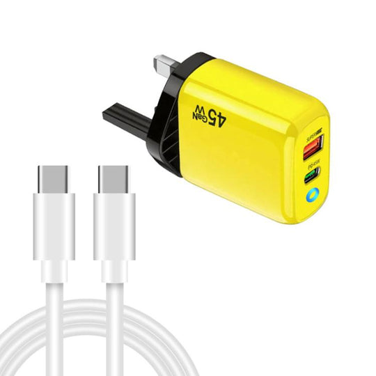 TE-PD45 GaN 45W PD3.0 / Type-C + USB 3.0 Charger with Type-C to Type-C Data Cable, UK  Plug(Yellow)