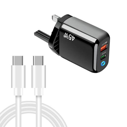 TE-PD45 GaN 45W PD3.0 / Type-C + USB 3.0 Charger with Type-C to Type-C Data Cable, UK  Plug(Black)