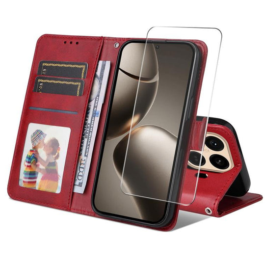 For Xiaomi 15T ENKAY Card Wallet Calf Texture Leather Phone Case with 0.18mm High Aluminum-silicon Glass Film(Red)
