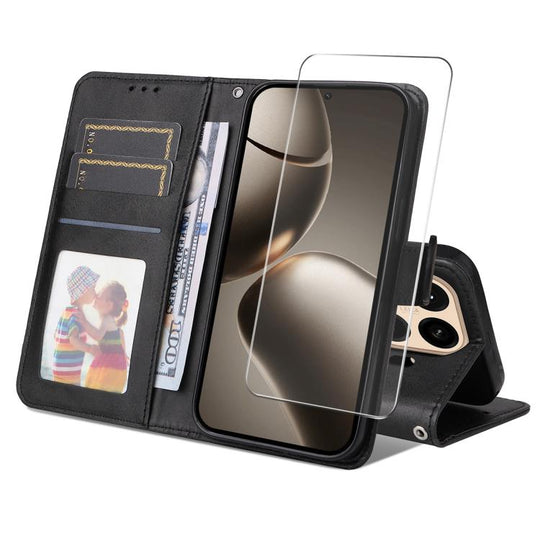 For Xiaomi 15T Pro ENKAY Card Wallet Calf Texture Leather Phone Case with 0.18mm High Aluminum-silicon Glass Film(Black)