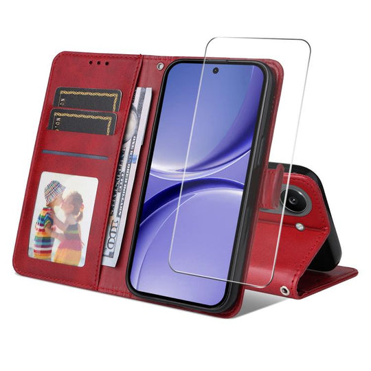 For Xiaomi Poco X8 Pro 5G ENKAY Card Wallet Calf Texture Leather Phone Case with 0.18mm High Aluminum-silicon Glass Film(Red)