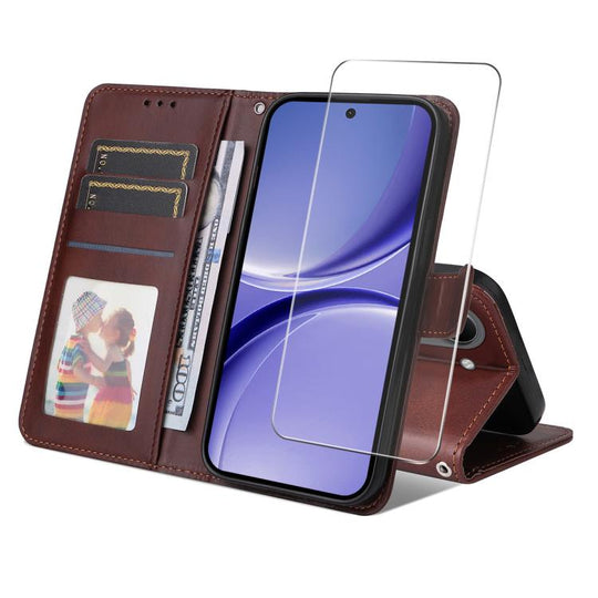 For Xiaomi Poco X8 Pro 5G ENKAY Card Wallet Calf Texture Leather Phone Case with 0.18mm High Aluminum-silicon Glass Film(Brown)