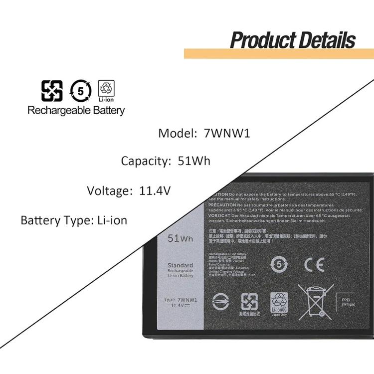 7WNW1 11.4V 51Wh Laptop Battery For Dell Latitude 5424 5420 Rugged Latitude 7424 Rugged Extreme P137G - Dell Spare Parts by buy2fix | Online Shopping UK | buy2fix