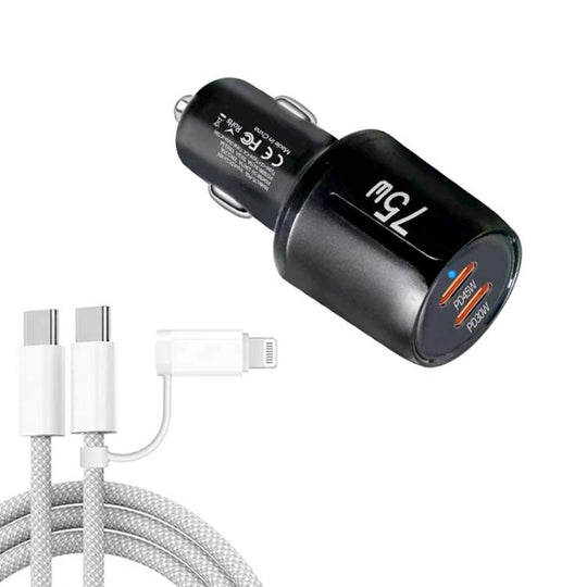 TE-P66 75W Type-C x 2 Dual-Port Fast Charging Car Charger with Type-C to Type-C / 8-Pin Data Cable(Black)