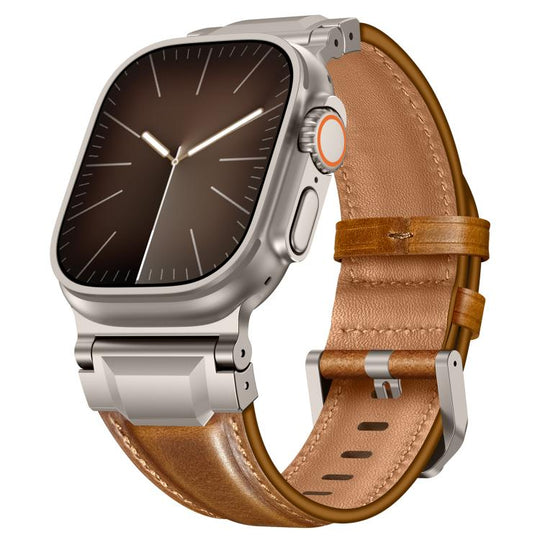 For Apple Watch 46mm / 49mm / 45mm / 44mm Armour-style Leather Watch Band(Retro Brown Titanium Buckle)