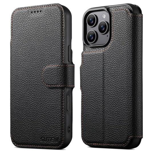 For iPhone 13 Pro Max Suteni Q05 -in-1 Multi-function MagSafe Wallet Big Litchi Leather Phone Case(Black)