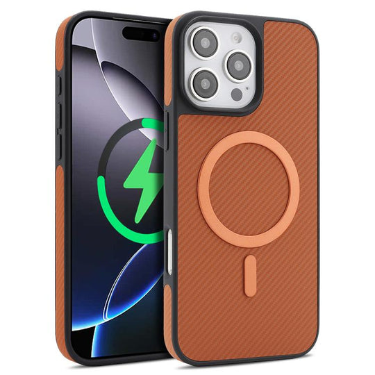 For iPhone 16 Pro Max Carbon Fiber MagSafe Faux Leather Phone Case(Brown)