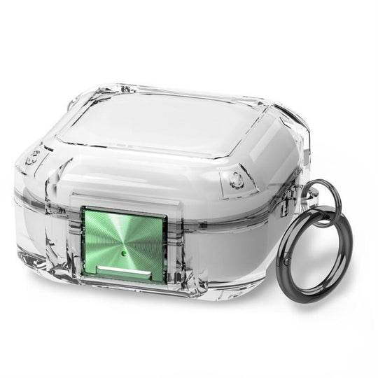 For Galaxy Buds Live / Pro / 2 / 2 Pro / FE Four Corner Air Bag Shockproof Metal Buckle Transparent Earphone Protective Case(Transparent + Green)