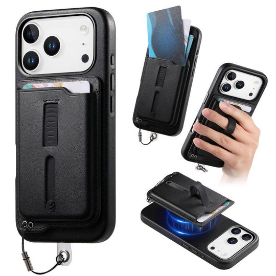 For iPhone 18 Pro Max / 17 Pro Max Detachable Magnetic Card Bag Phone Case with Finger Ring Grip & Anti-loss Rope(Black)