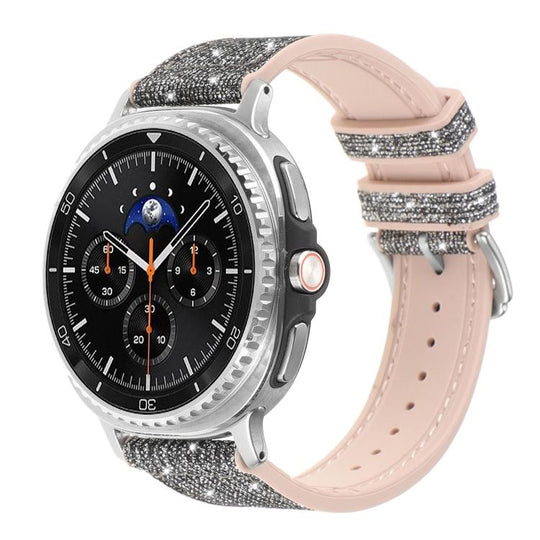 For Galaxy Watch9 / 8 / 8 Classic Glitter Skin Vegan Leather Silicone Watch Band(Black Silver)