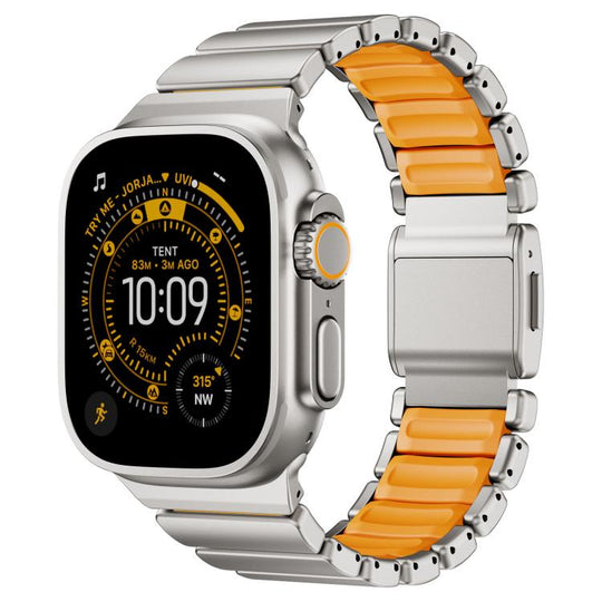 For Apple Watch 46mm / 49mm / 45mm / 44mm Magnetic Buckle Single-Bead Silicone Stainless Steel Watch Band(Titanium Orange)