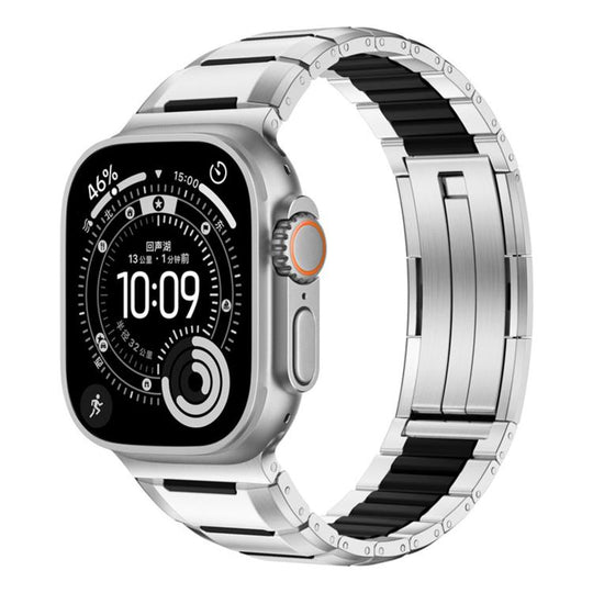 For Apple Watch 46mm / 49mm / 45mm / 44mm Multi-Faceted Rubber Inlaid Stainless Steel Watch Band(Titanium Black)
